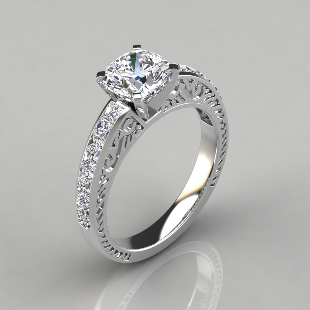 Hand Engraved Cushion Cut Moissanite Engagement Ring | Forever Moissanite