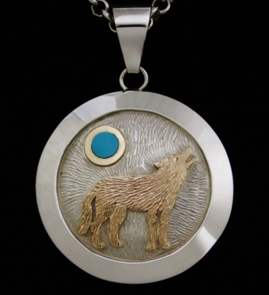 DINA HUNTINGHORSE SLEEPING BEAUTY TURQUOISE SOLID 14K GOLD OVER STERLING SILVER WOLF PENDANT AND CHAIN