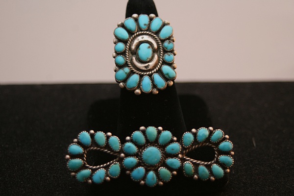 RARE LONE MOUNTAIN TURQUOISE CLUSTER RING AND PIN SET