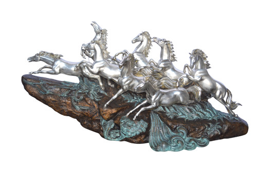 Eight Horses Running Bronze Statue Silver Finish -  Size: 59"L x 20"W x 28"H. | PN Design