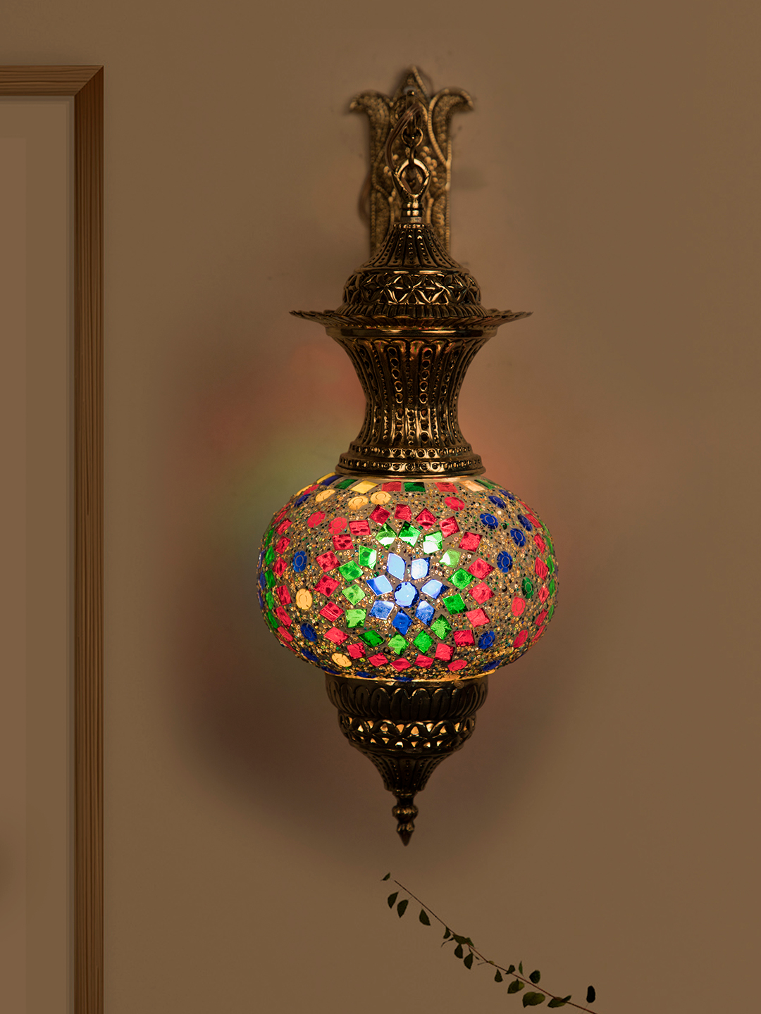 Turkish Multicoloured Mosaic Glass and Brass Wall Lamp